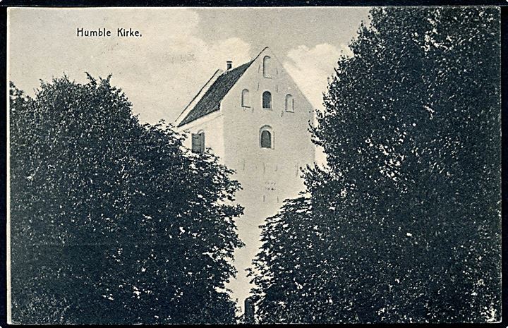 3 øre Bølgelinie på lokalt brevkort (Humble kirke) fra Østerskov d. 3.7.1910 annulleret med stjernestempel TRYGGELEV til Tryggelev Central pr. Humble. Muligvis frankeret med forud- eller ark-afstemplet frimærke.