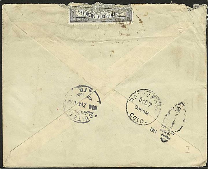 5 c. helsagskuvert fra Huanimaro d. 7.11.1914 til Rockey Ford, USA. Retur som uafhentet med officiel lukkemærkat.