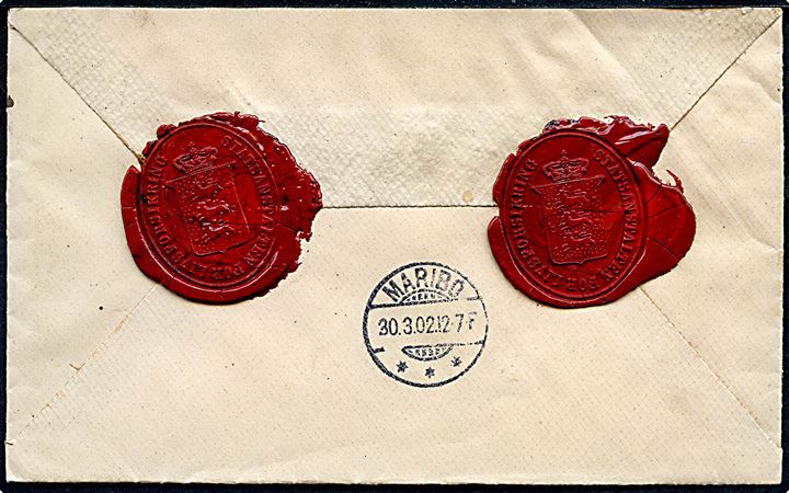 24 øre Våben single på anbefalet brev fra Kjøbenhavn * I * d. 29.3.1902 til Maribo. På bagsiden 2 laksegl.