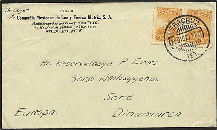 5 c. i parstykke på brev fra Vera Cruz d. 25.12.1921 til Sorø, Danmark.