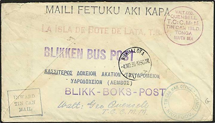 Amerikansk 5 cents frankeret brev fra Villa Rica d. 9.9.1936 til Niuafou, Tonga Islands via Suva, Fiji Islands. Mange forskellige Tonga Tin Can stempler.