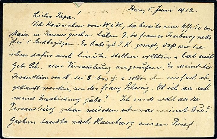 Schweiz 10 c. helsagsbrevkort fra Bern d. 5.6.1912 til Missionshotellet i København, Danmark. Returneret med 2-sproget retur-etiket: “Afreist. / parti.”.