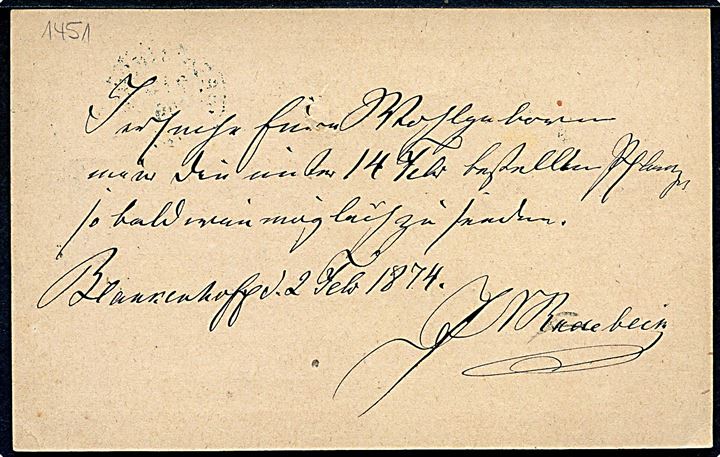 ½ gr. helsagsbrevkort annulleret med enringsstempel Ober-Jersdal d. 2.3.1874 til Klein-Flottenbeck bei Hamburg. Benyttet ca. 4 år tidligere en registreret i Daka. 