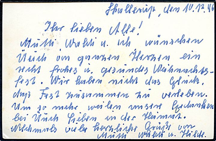15 øre Chr. X helsagsbrevkort (fabr. 160) m. 10 øre Chr. X 75 år fra Sønderlev d. 12.12.1946 til Bischofswerda, Tyskland. Sendt fra tysk flygtning med violet stempel: (krone) / Statens Civile Luftværn / Flygtningelejren Skallerup Klit / pr. Sønderlev, Tlf. Skallerup 61.