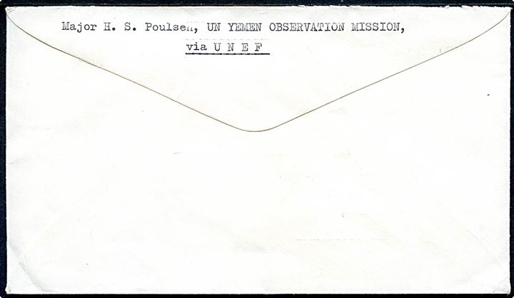 Ufrankeret fortrykt FN-kuvert sendt fra dansk major H. S. Poulsen ved UN Yemen Observation Mission stemplet United Nations Emergency Force 7 d. 21.1.1964 til Højbjerg, Danmark. Danmark deltog med 11 medlemmer i UNYOM fra juli 1963 til sept. 1964.