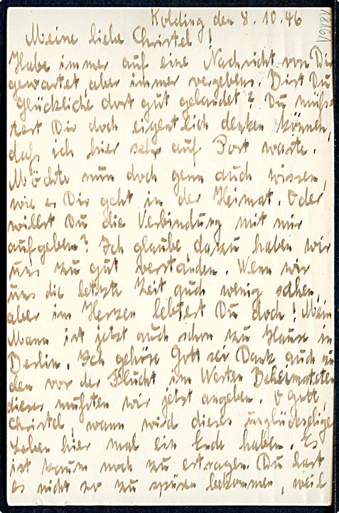 25 øre Kæmpehøj helsagsbrevkort (febr. 155) fra fra tysk flygtning i Kolding d. 9.10.1946 til Bremen, Tyskland. Violet stempel: “Flygtningelejren / Kløvervej / Kolding”.