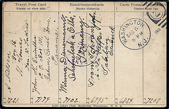 10 bit Fr. VIII stemplet St. Thomas d. 22.12.1911 og frimærker fra USA, Panama og Tyskland på blandings-frankeret postkort oprindeligt sendt fra Washington i USA d. 5.12.1911 via Dansk Vestindien, Panama og Tyskland til Østrig.