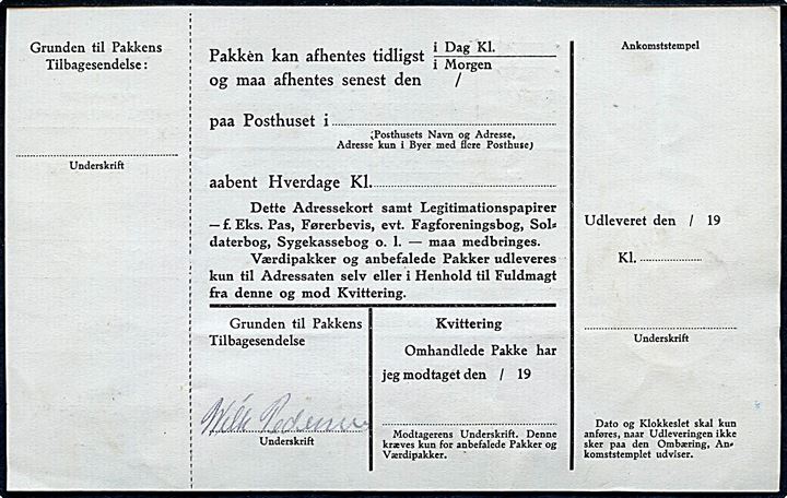 60 øre Chr. X på adressekort for pakke med fortrykt britisk pakkeetiket Thorshavn no. 845 (små tal) fra Thorshavn d. 31.8.1945 til København. Svagt violet stempel vedr. beskadiget emballage. GF10: 5.000,-