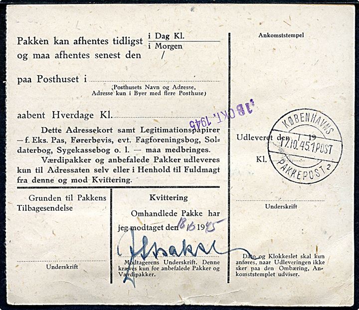 50 øre Chr. X på adressekort for pakke med fortrykt britisk pakkeetiket Klaksvig Faeroerne no. 462 fra Klaksvig d. 6.10.1945 til København. GF10: 5.000,-