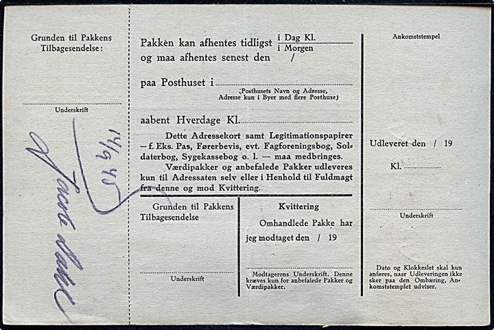 25 øre og 50 øre (par) Chr. X på adressekort for pakke med fortrykt britisk pakkeetiket Vaag no. 263 fra Vaag d. 20.8.1945 til København. Svagt violet stempel vedr. beskadiget emballage. GF10: 8.000,-