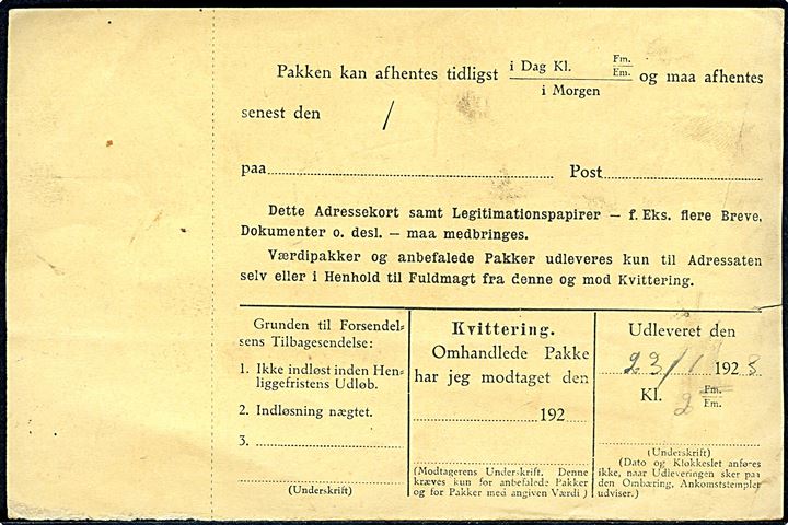 20 øre Chr. X i vandret 4-stribe på Postopkrævnings-Adressekort for pakke fra Tjaldur Apotheket i Thorshavn d. 22.1.1923 til Øre.