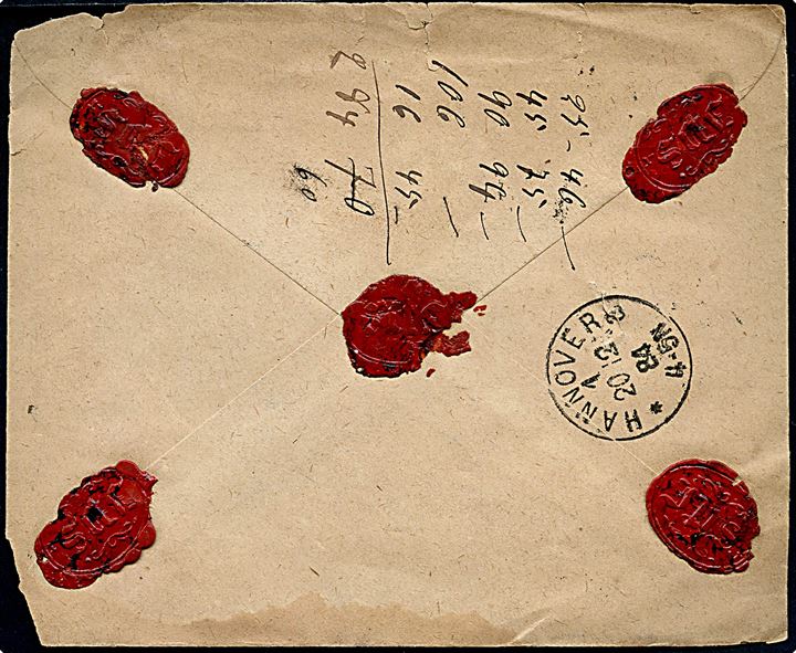 4 öre (2) og 30 öre Ringtype på anbefalet brev fra Helsingborg d. 19.12.1884 til Hannover, Tyskland. Kuvert med skrammer.