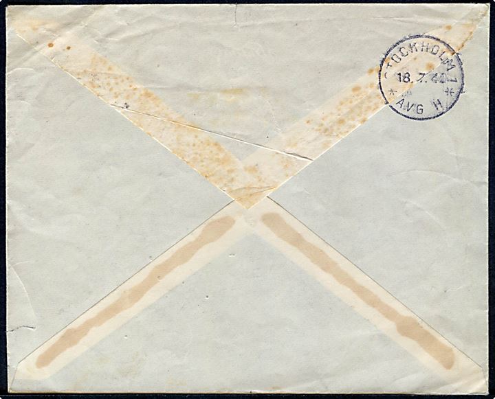 30 öre Gustaf på brev fra Stockholm d. 16.7.1940 til Marseille, Frankrig. Returneret med etiket vedr. at postforbindelsen med adresselandet er afbrudt og ovalt stempel fra Stockholm d. 18.7.1940.