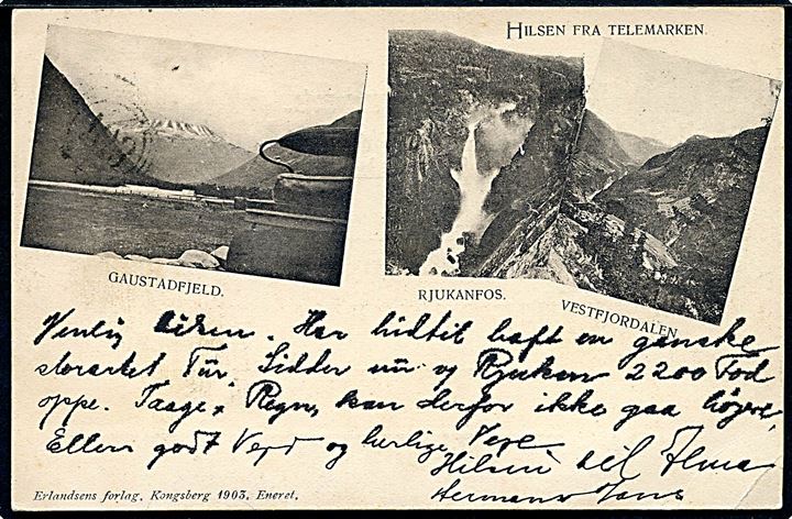 5 øre Posthorn på brevkort annulleret med 3-rings stempel “103” (= Dampskibet S/S “Nordsjø” på ruten Skien - Nordodden 1904-1929) og sidestemplet Skien II d. 26.7.1905 til København, Danmark.