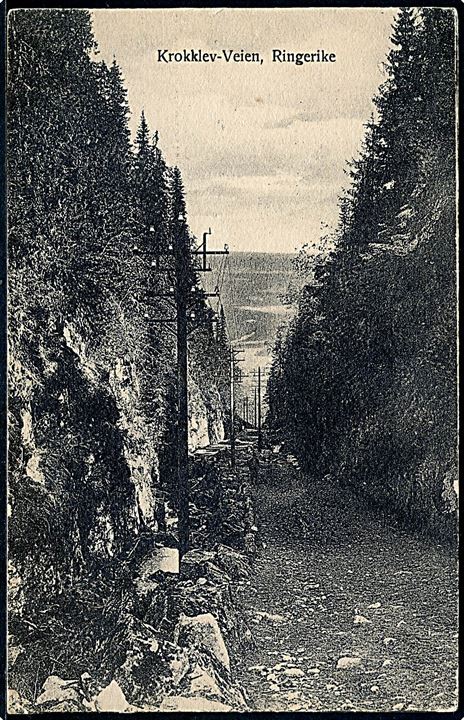 5 øre Posthorn på brevkort (Krokklev-veien, Ringerike) dateret d. 1.8.1918 og annulleret med 4-ringsstempel “50” (= Dampskibet S/S “Ringerike” på rute Svangstrand - Sundvolden 1905-1926) til Kristiania.