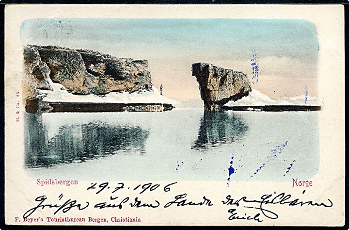10 øre Spitsbergen lokal udg. stemplet BELLSUND 1906 og 10 øre Posthorn stemplet Tromsø d. 31.7.1906 på Spitsbergen postkort til Kiel, Tyskland. 