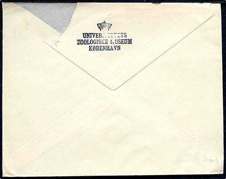 40 øre Fr. IX single på brev med Julemærke 1949 fra Zoologisk Museum i København d. 1.12.1949 til La Jolla, USA. Meget vanskelig single frankatur. 