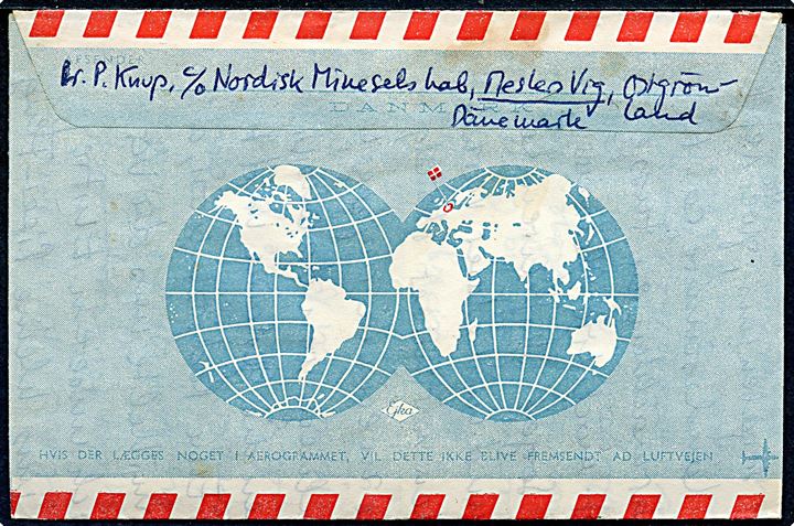 30 øre Fr. IX i parstykke på areogram med langt indhold fra schweizisk geolog ved Nordisk Mineselskab dateret d. 3.9.1958 annulleret med liniestempel MESTERS VIG og sidestemplet Grønlands Postkontor København K. d. 7.9. 1958 til Zürich, Schweiz. 