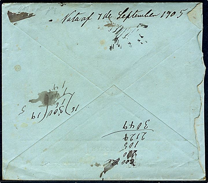 1905. Fortrykt kuvert fra A/S J. Mortensens Eftf. i Trangisvaag med indhold dateret d. 7.9.1915 og violet liniestempel S/S GRANI til Kvivig. Urent åbnet.