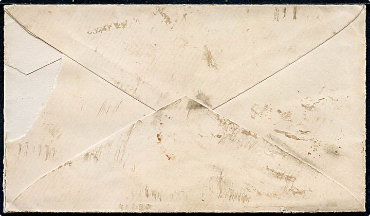 8 øre Tofarvet 7. tryk på skydsbrev eller skibsbrev ca. 1877 annulleret med blækkryds til købmand J. Mortensen i Tveraa på Suderø. Adresse skrevet på engelsk. Åbnet 3 sider. Sjælden.
