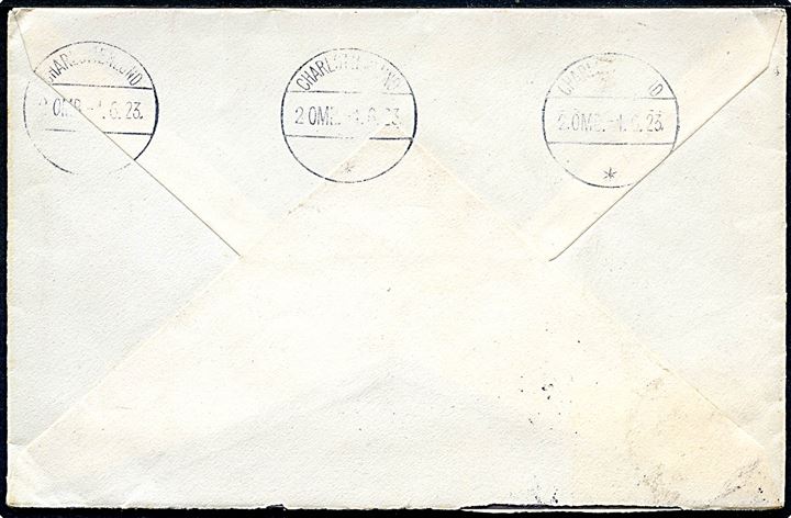 20 øre Chr. X på brev annulleret med brotype Vb stempel Aabenraa B. d. 31.5.1923 til Charlottenlund. 