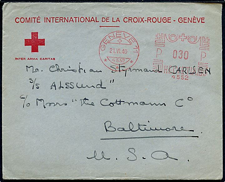 Dansk Røde Kors formular med meddelelse fra Nyborg d. 6.6.1940 til styrmand Chr. Carlsen, S/S “Alssund” i Baltimore, USA. Påsat meddelelse no. 62b vedr. svar og ilagt brev i Genevé d. 21.6.1940. S/S “Alssund” blev sænket at tysk ubåd U432 i Atlanten d. 16.10.1941.