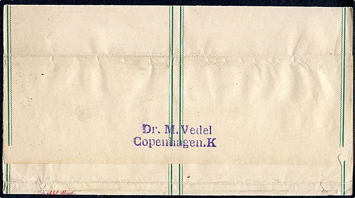 5 øre Våben små hj.tal dobbelt helsagskorsbånd anvendt som 2. vægtkl. tryksag fra frimærkehandler Dr. M. Vedel med lapidar Kjøbenhavn d. 27.3.(1886) til Prag, Böhmen, Østrig.