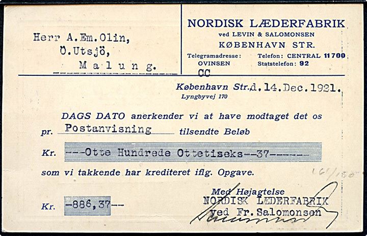 15 øre Chr. X med perfin “L. & S.” og Julemærke 1921 på brevkort fra firma “Nordisk Læderfabrik ved Levin & Salomonsen” i København d. 14.12.1921 til Malmö, Sverige. 