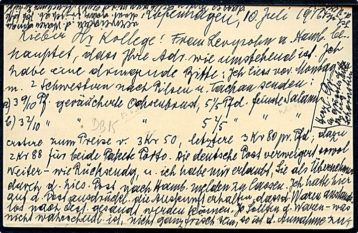 10 øre Fr. VIII helsagsbrevkort opfrankeret med 20 øre Chr. X sendt ekspres fra Kjøbenhavn d. 10.7.1916 til Hamburg, Tyskland. Befordret med rørpost i Hamburg med stempel: “Durch Rohrpost nach Hamburg”.