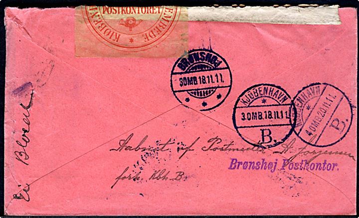 Indisk ½ A. og 2 A. Edward VII på brev fra Calcutta d. 2.11.1911 til København. Danmark. Fejlagtigt åbnet på Brønshøj Postkontor og lukket med pergamyn etiket: Kiøbenhavns Overpostmesterembede / Banegaards-Postkontoret. 