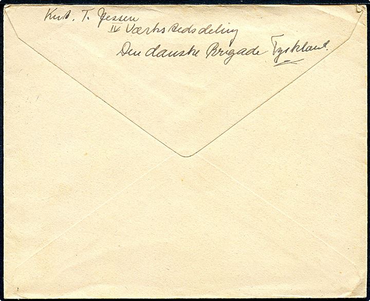 20 øre Chr. X og Julemærke 1947 på brev annulleret Den danske Brigade / 5 / * i Tyskland * (= Wilhelmshaven) d. 19.12.1947 til Grindsted. KFUMs Soldatermission kuvert fra soldat ved IV Værkstedsdeling.