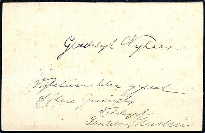 5 øre Våben helsagsbrevkort med Julemærke 1904 (7) med stukken kant annulleret lapidar Taars d. 30.12.1904 til Hjørring. 
