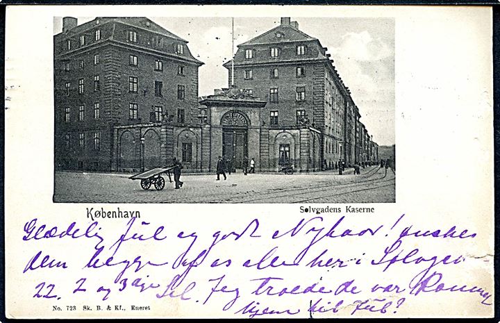 2 øre, 3 øre Bølgelinie og Julemærke 1906 på brevkort (Sølvgades Kaserne) fra Kjøbenhavn d. 23.12.1906 til Stockholm, Sverige.