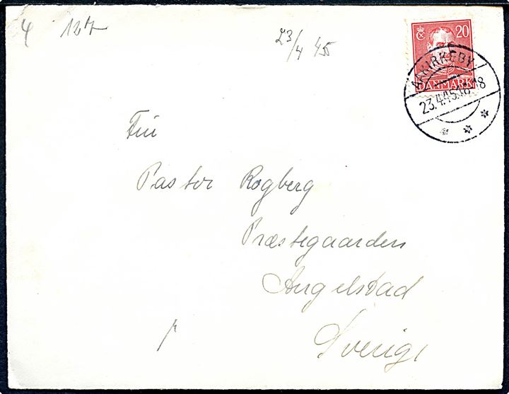 20 øre Chr. X på brev fra Aakirkeby d. 23.4.1945 til Angelstad, Sverige. Åbnet af Sønderborg-censuren med fortrykt “April”-banderole. 