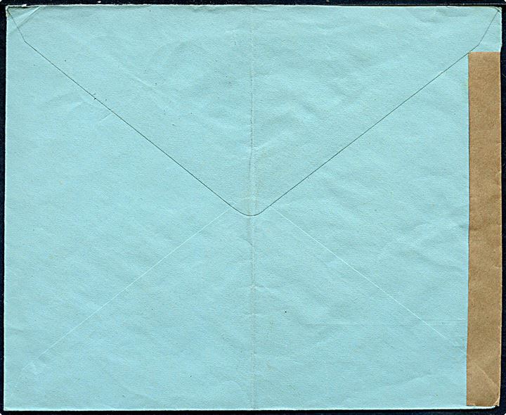5 øre (2) og 10 øre Bølgelinie på brev annulleret med udslebet stjernestempel SANDEVAAG og sidestemplet Thorshavn d. 7.8.1942 til Thorshavn. Åbnet af lokal britisk censur med neutral brun banderole og stempel: OPENED BY MILITARY CENSOR. 