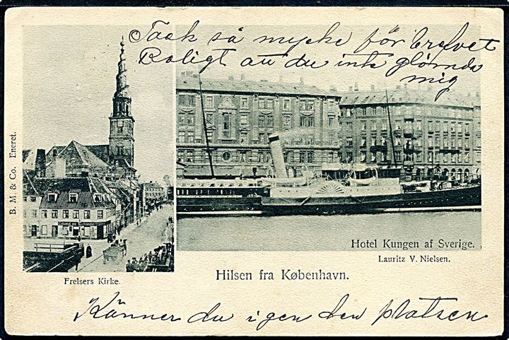 5 øre Våben på brevkort (Hotel Kungen af Sverige og hjuldamper) fra København annulleret med svensk sejlende bureaustempel Malmö - Köpenh. d. 19.8.1902 til Stockholm, Sverige.