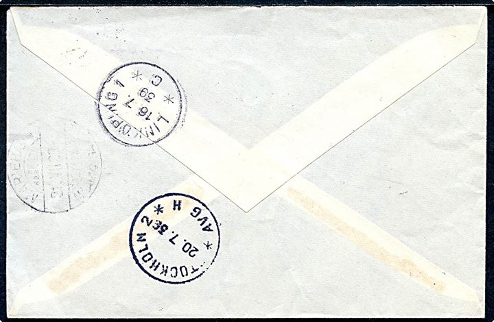 30 øre Isbjørn (2) på anbefalet brev fra Umanak d. 16.6. 1939 til Linköping, Sverige - eftersendt d. 16.7.1939 til Stockholm og derefter til Mariehamn på Ålandsøerne. Befordret fra Grønland med M/S “Disko” 2. rejse 1939.