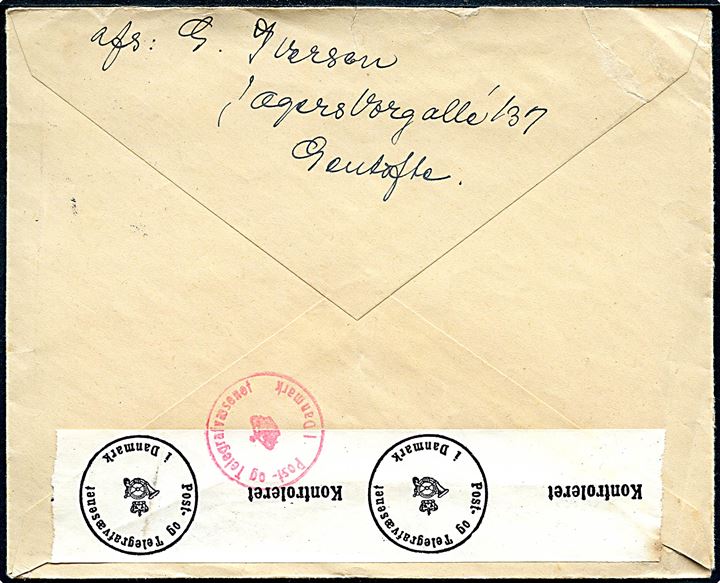 10 øre Bølgelinie (2) på brev fra Gentofte d. 28.11.1941 til Jönköping, Sverige. Indhold og indlagt meddelelse fra Udlandspostkontrollen - Udlpktr. 21 (7-41 B.7) - vedr. tilbageholdt tryksag, som iflg. brevteksten må være et avisudklip. Lidt urent åbnet. 