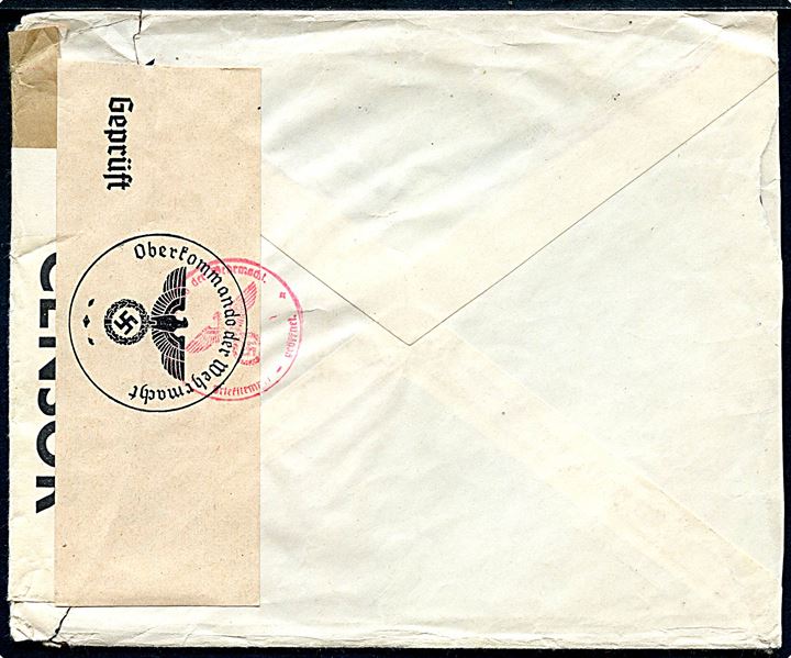 50 aur Geysir single på 2. vægtkl brev fra Reykjavik d. 16.3.1940 til København, Danmark. Åbnet af britisk censur PC66/2162 og tysk censur i Berlin. 