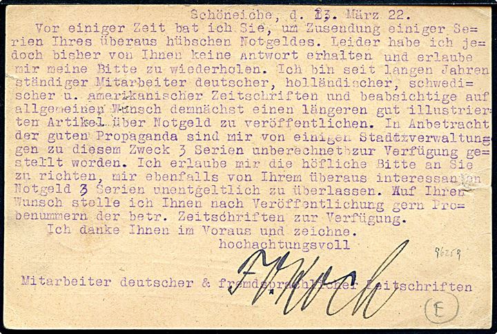 240 pfg. frankeret infla brevkort fra Berlin d. 15.3.1922 til Røde Kro, Danmark. Udtakseret i porto med 1 øre (2), 10 øre og 20 øre Porto-provisorium annulleret Røde Kro d. 17.3.1922. Retur med 2-sproget etiket “Modtagelse Nægtet” J. Form. Nr. 39 (1/1 21).