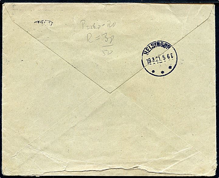 20 øre og 5 øre Chr. X i sammentrykt lodret automat 4-stribe på anbefalet brev fra Kjøbenhavn d. 19.3.1921 til Helsingør. I midten tydelig sammenklæbning.