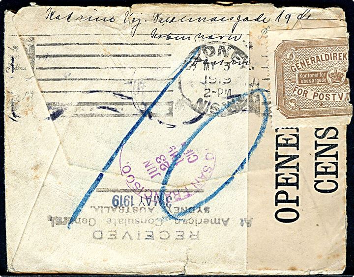 10 øre Chr. X på brev fra Kjøbenhavn d. 25.2.1919 til amerikansk 4-mastet bark “Puaco” i Sydney, Australien - eftersendt til San Francisco og returneret med stor brun brevlukkemærkat (2). Et frimærke bortfaldet under befordring. Åbnet af britisk censur.