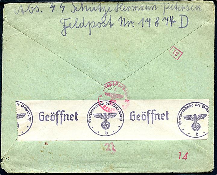 SS-feltpostbrev fra dansk SS-Schütze Hermann Petersen feltpost-nr. 17474 (= 4. Kompanie SS-T-Ausbildungs-Bataillon  I) i Frankrig stemplet Feldpost d. 5.10.1942 til Nordborg, Danmark. Briefstempel fra SS-Hauptamt/SS-Feldpostprüffstelle og SS-feldpostcensur fra Berlin.