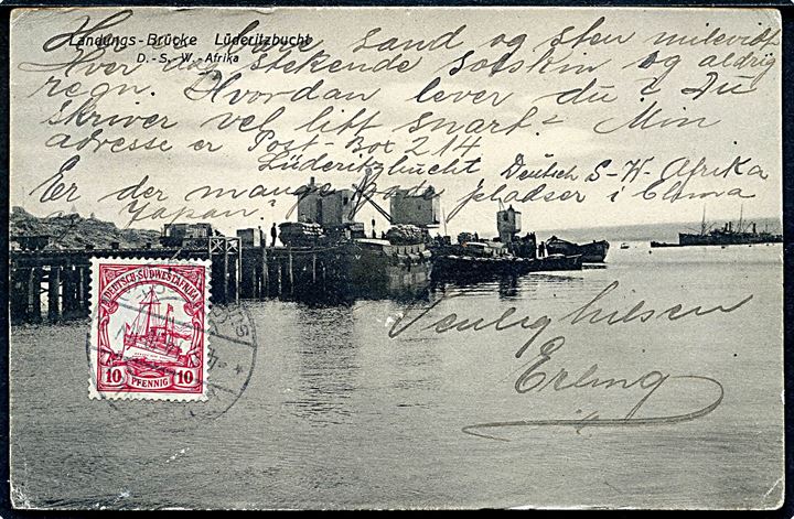 DSWA 10 pfg. på brevkort fra Lüderitzbucht d. 4.3.1914 til Shanghai, Kina. Fra norsk medarbejder ved Deutsche Walfang-Gesellschaft “Sturmvogel” som 1913-1914 drev en hvalstation nær Lüderitzbucht i Tysk Sydvestafrika.