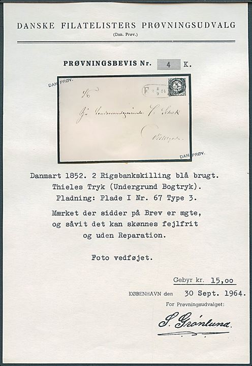 2 R.B.S. Thiele pl. I nr. 67 med bred rand på fodpostbrev i København annulleret med nr.stempel “1” og fodpost-stempel i blå farve F:P: d. 8.9.1854. Attest: Grønlund & Møller. 