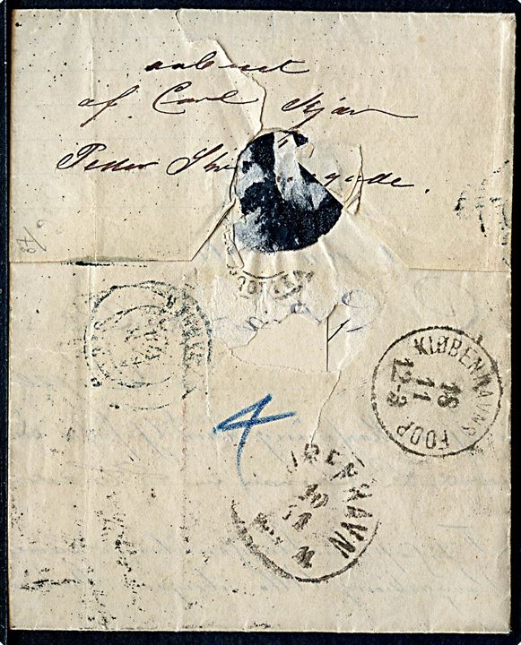 Fransk 25 c. Ceres (2) på brev Epernay d. 5.11.1873 til København, Danmark. Fejlagtigt åbnet og påsat violet Forespørgsels vignet fra Brevpostkontoret med ovalt fodpoststempel F:P: d. 15.11.1873. Flere stempler.
