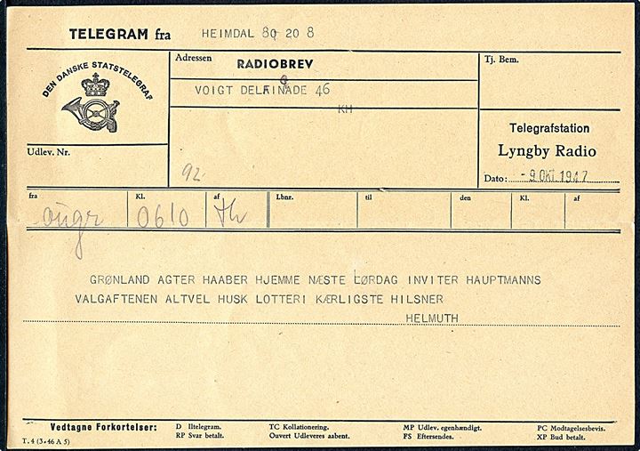 20 øre Chr. X på Radiobrev kuvert (R.12 (1-47) fra Lyngby Radiotelegrafkontor d. 9.10.1947 til København. Meddelelse sendt fra Opmålingsskibet “Heimdal” på hjemrejse fra Grønland. 