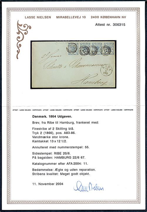 2 sk. Krone/Scepter 2. tryk pos. 83-86 i vandret 4-stribe på 8 sk. frankeret brev annulleret med nr.stempel “55” og sidestemplet antiqua Ribe d. 20.6.1867 til Hamburg. Attest Nielsen.