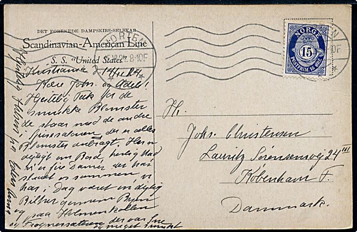 A. Granholdt: United States, S/S, Skandinavien Amerika Linie damper i New York. UNZ & Co. Frankeret med norsk 15 øre Posthorn og sendt fra Horten d. 15.11.1924.