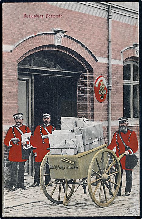 Rudkøbing postkontor med postbude og trækvogn. C. Jessen-Tusch u/no.